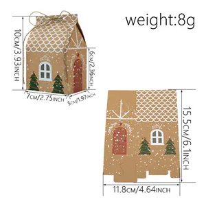 Detailed dimension diagram of Christmas gingerbread house kraft paper candy gift box with twine tie