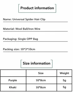 Tabla de tallas y especificaciones de materiales para la pinza de pelo de araña