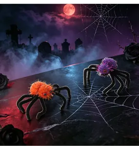 Vista detallada de pinzas para el cabello de araña de Halloween en escena de miedo