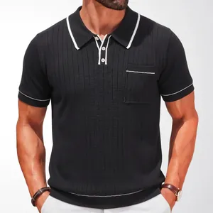 Men's black short sleeve knitted polo shirt with white tipping, ribbed texture and pocket