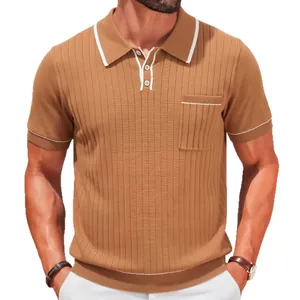Business casual men's short-sleeved knitted Polo shirt with ribbed texture and pocket