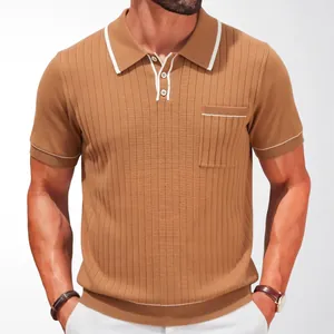 Men's brown short-sleeved knitted polo shirt with ribbed texture and chest pocket
