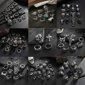 Ensemble de Bagues en Alliage Vintage pour Hommes Punk Gothique Crâne Lion Tête d'Animal Argent Antique Strass Bijoux Hip Hop