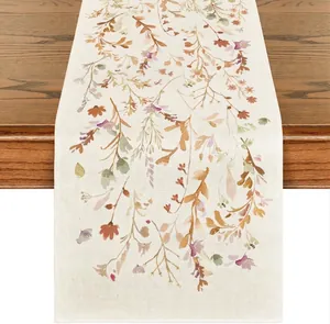 Chemin de table d'automne en lin avec des motifs floraux aquarelle pour décoration de table