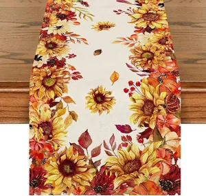 Chemin de table en lin avec tournesols d'automne et citrouilles pour Thanksgiving