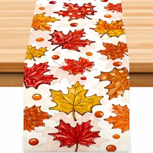 Chemin de table en lin d'automne avec feuilles d'érable et imprimé Hello Fall déco