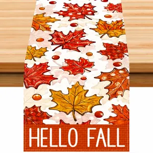 Runner da tavola autunnale in lino con foglie d'acero e stampa Hello Fall decorativa