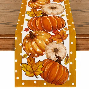 Runner da tavola autunnale in lino con zucche e foglie d'acero decoro