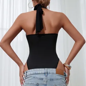 Elegant back view of a slim fit black halter neck bodysuit with a stylish tie-up design.