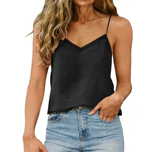 Detail view of black V-neck spaghetti strap camisole with elegant organza trim stitching