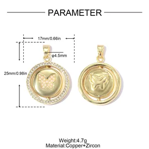 Mesures détaillées du pendentif papillon doré avec zircon et spécifications du matériau