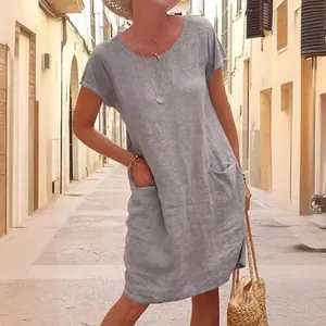 Loose grey cotton linen summer dress with pockets and short sleeves for women