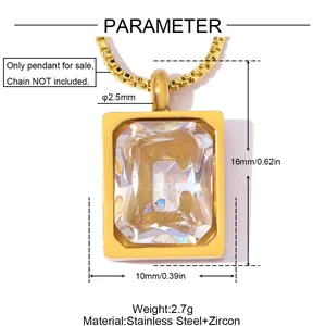 Detailed dimensions of stainless steel rectangular pendant with clear zircon inlay