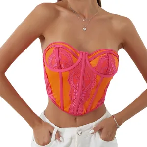 Fashionable sexy color-block lace corset top with underwire and fishbone boning detail