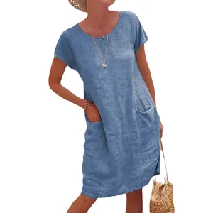 Women's casual loose short sleeve linen dress with pockets in solid light blue