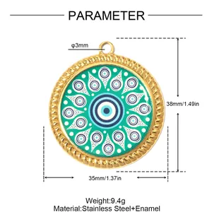 Detailed macro view of a green mandala eye stainless steel pendant with measurements