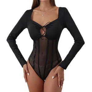 Elegant black long sleeve mesh corset bodysuit with underwire support and tie front