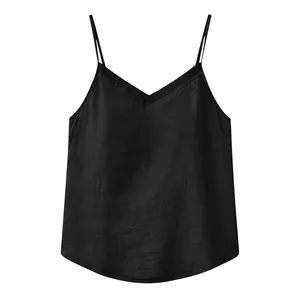 Close-up of black cotton linen camisole with sheer organza V-neck trim detail