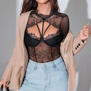 Sexy black sheer lace bodysuit with eyelash lace trim and underwire support for women