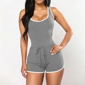 Grey sleeveless one-piece bodysuit featuring white trim and adjustable drawstring waist for women