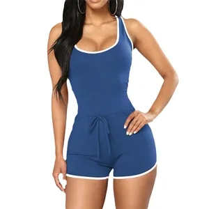 Sexy blue one-piece romper jumpsuit with white trim and drawstring waist for women.