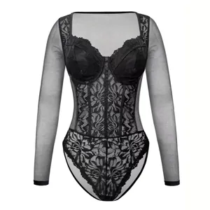 Detailed view of black floral lace and sheer mesh design on a long-sleeve sexy bodysuit