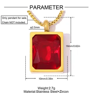 Macro view of a gold-plated stainless steel rectangular pendant featuring a red zircon.