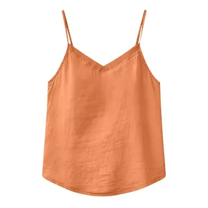 Detailed front view of women's orange cotton-linen camisole featuring organza V-neck trim.
