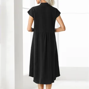 Back view of a minimalist black cotton linen midi dress with a standing collar
