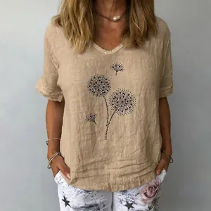 Detailed view of khaki linen-cotton short-sleeve top with chic dandelion print