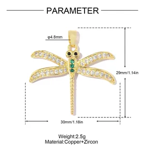 Spécifications détaillées d'un pendentif libellule en or serti de zircons et dimensions