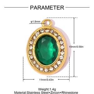 Detail of oval stainless steel pendant with green zircon and clear rhinestone border