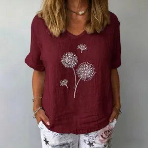 Casual women's wine red cotton linen short sleeve top with white dandelion print