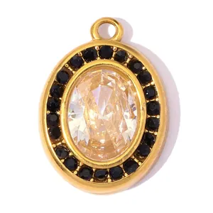 Elegant oval gold-plated stainless steel pendant with clear center zircon and black stone halo.