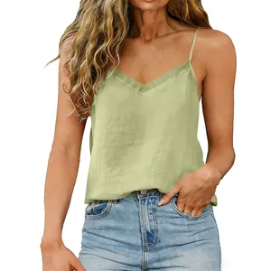 Detailed close-up view of a sage green cotton linen V-neck camisole top with thin straps