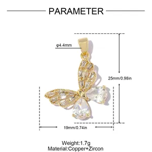Mesures détaillées et spécifications du pendentif papillon en zircon plaqué or 18 carats