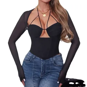 Top sexy in rete trasparente a maniche lunghe con allacciatura al collo e corsetto
