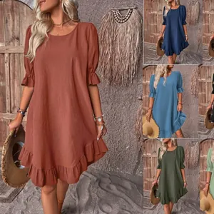Women Retro Cotton Linen Dress Ruffle Half Sleeve Solid Color Round Neck Loose Midi Dress Boho Vacation Style Fashion Dress