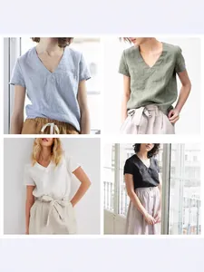 Damen Baumwolle Leinen V-Ausschnitt T-Shirt Einfarbig Kurzarm Top Lässig Vintage Stil Bequem Atmungsaktiv Sommermode