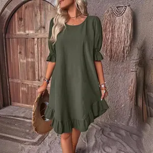 Vintage olive green cotton linen dress with ruffle mid-sleeves and loose swing hem