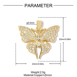 Vue détaillée du pendentif papillon plaqué or 18 carats avec dimensions zircon