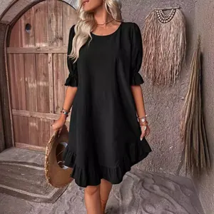 Vintage solid black cotton linen loose dress with ruffle sleeves and round neck