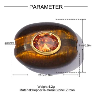 Detaillierte Größenparameter der Tigerauge-Steinperle mit Zirkon-Inlay