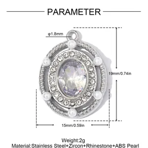 Detailed view of round stainless steel pendant with zircon and ABS pearl accents