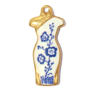 Detail view of a Cheongsam-shaped pendant with blue and white porcelain floral pattern