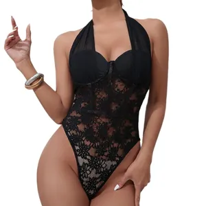 Elegant black floral lace bodysuit with underwire cups and a sexy halter neck design