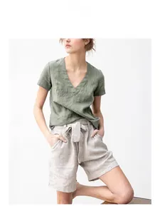 Minimalistisches Damen V-Ausschnitt Baumwoll-Leinen T-Shirt und lässige Shorts Set