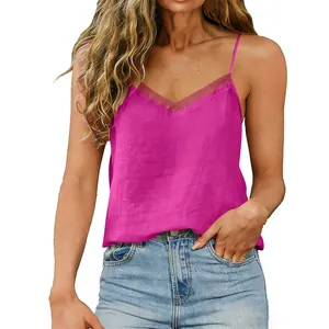 Close-up detail of a pink cotton linen camisole featuring elegant organza V-neck splicing