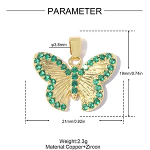 Vue détaillée d'un pendentif papillon en zircon vert incluant dimensions et poids
