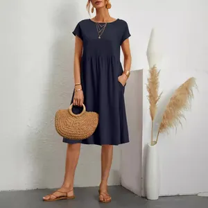 Elegant summer cotton linen crew neck A-line dress with pockets in dark navy blue